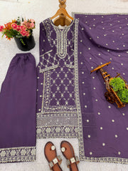 Trendy Purple Chinnon Embroidery Palazzo Suit