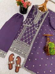 Trendy Purple Chinnon Embroidery Palazzo Suit