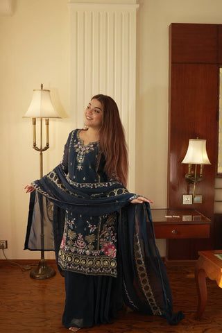 Daisy Blue Georgette Sequence Work Palazzo Suit