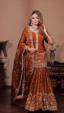 Marvelous Brown Silk Sequence Work Sharara Suit