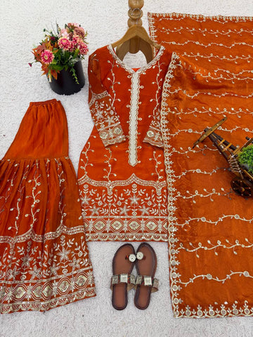 Marvelous Brown Silk Sequence Work Sharara Suit
