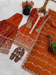 Marvelous Brown Silk Sequence Work Sharara Suit