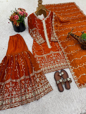Marvelous Brown Silk Sequence Work Sharara Suit