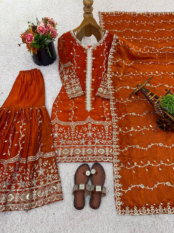 Marvelous Brown Silk Sequence Work Sharara Suit