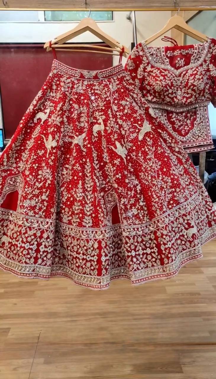 Glorious Red Net With Embroidery Work Lehenga