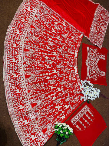 Glorious Red Net With Embroidery Work Lehenga