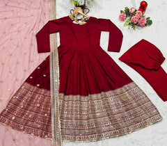 Ravishing Red Rayon Embroidered Work Anarkali Suit