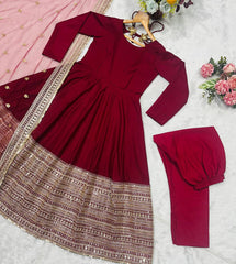 Ravishing Red Rayon Embroidered Work Anarkali Suit