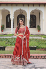 Pretty Red Silk Embroidered Lehenga Choli