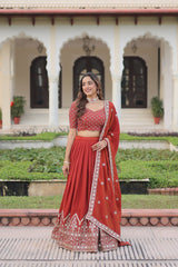 Pretty Red Silk Embroidered Lehenga Choli