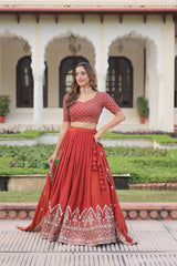 Pretty Red Silk Embroidered Lehenga Choli