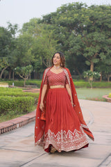 Pretty Red Silk Embroidered Lehenga Choli