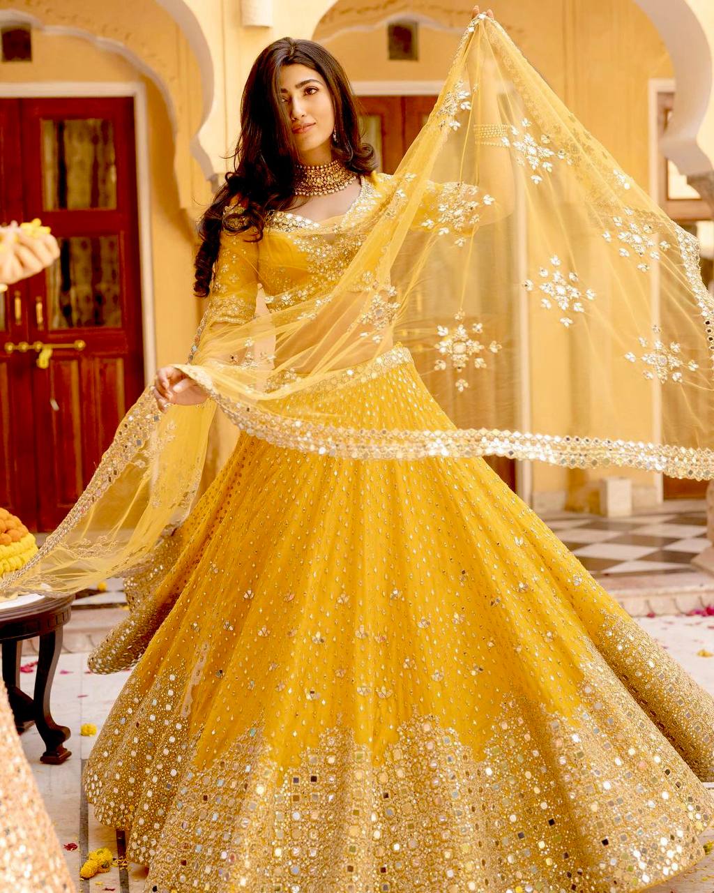 Pretty Yellow Georgette Mirror Work Lehenga Choli