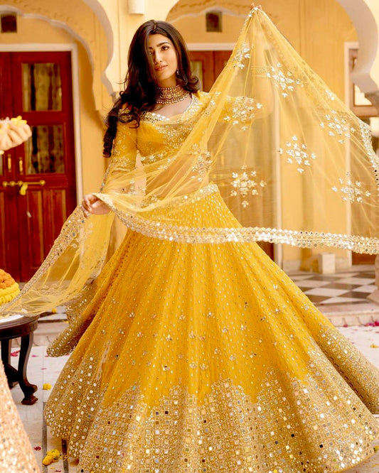 Pretty Yellow Georgette Mirror Work Lehenga Choli