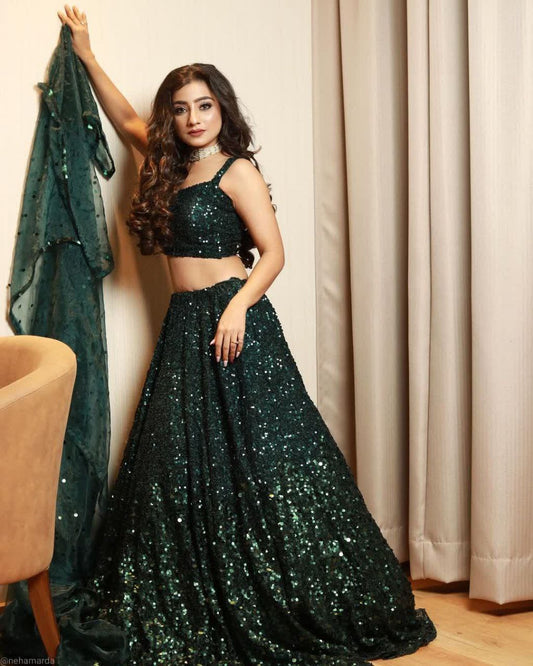 Stylish Green Tapeta Satin Silk Sequence Work Lehenga Choli
