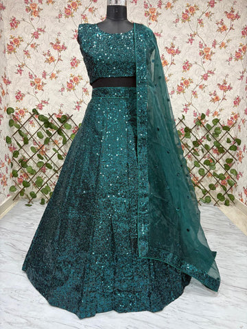 Stylish Green Tapeta Satin Silk Sequence Work Lehenga Choli