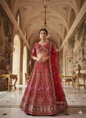 Stylish Red Silk With Embroidery Work Lehenga Choli