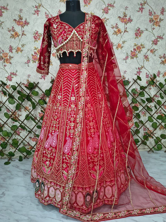 Stylish Red Silk With Embroidery Work Lehenga Choli