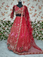 Stylish Red Silk With Embroidery Work Lehenga Choli