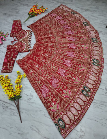 Stylish Red Silk With Embroidery Work Lehenga Choli