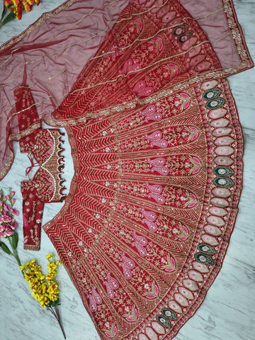 Stylish Red Silk With Embroidery Work Lehenga Choli