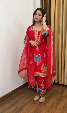 Trendy Red Crep Silk Sequence Work Palazzo Suit
