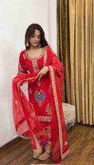 Trendy Red Crep Silk Sequence Work Palazzo Suit