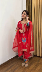 Trendy Red Crep Silk Sequence Work Palazzo Suit