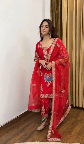 Trendy Red Crep Silk Sequence Work Palazzo Suit