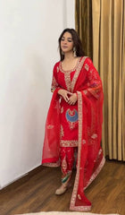 Trendy Red Crep Silk Sequence Work Palazzo Suit