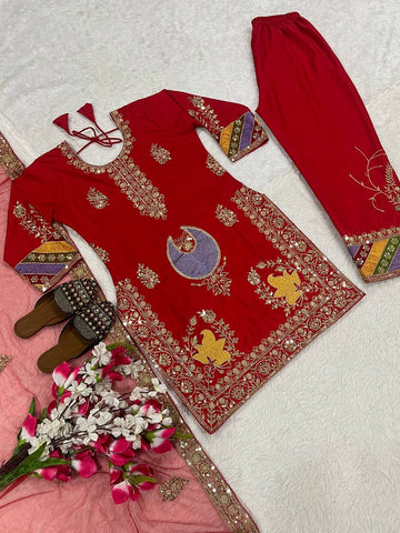 Trendy Red Crep Silk Sequence Work Palazzo Suit