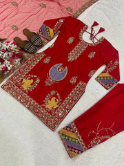 Trendy Red Crep Silk Sequence Work Palazzo Suit