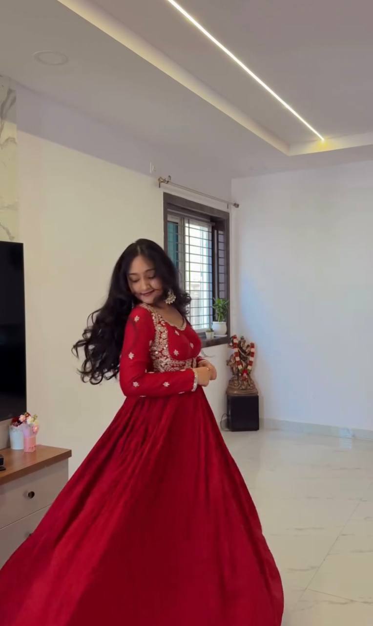 Alluring Red Chinon Silk Embroidery Work Gown