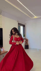 Alluring Red Chinon Silk Embroidery Work Gown