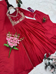 Alluring Red Chinon Silk Embroidery Work Gown