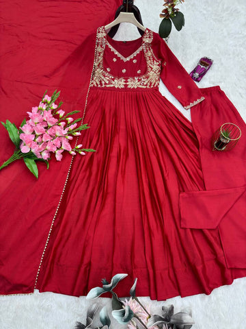 Alluring Red Chinon Silk Embroidery Work Gown