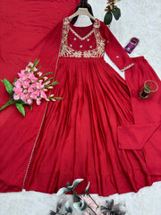 Alluring Red Chinon Silk Embroidery Work Gown