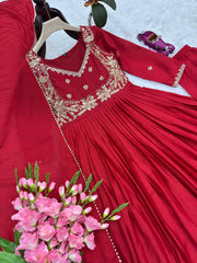 Alluring Red Chinon Silk Embroidery Work Gown