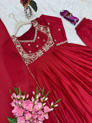 Alluring Red Chinon Silk Embroidery Work Gown