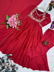 Alluring Red Chinon Silk Embroidery Work Gown