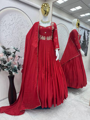 Alluring Red Chinon Silk Embroidery Work Gown