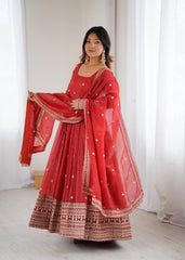 Exclusive Red Silk Work Anarkali Gown