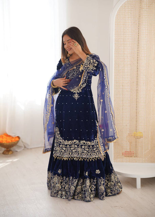 Trendy Blue Velvet with Cording Work Sharara Suit