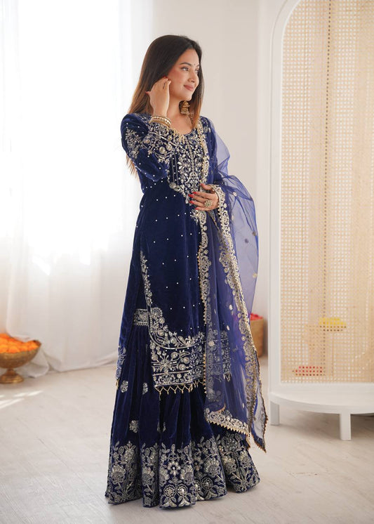Trendy Blue Velvet with Cording Work Sharara Suit