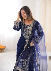 Trendy Blue Velvet with Cording Work Sharara Suit