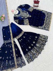 Trendy Blue Velvet with Cording Work Sharara Suit