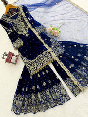 Trendy Blue Velvet with Cording Work Sharara Suit