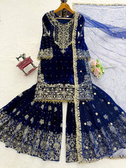 Trendy Blue Velvet with Cording Work Sharara Suit