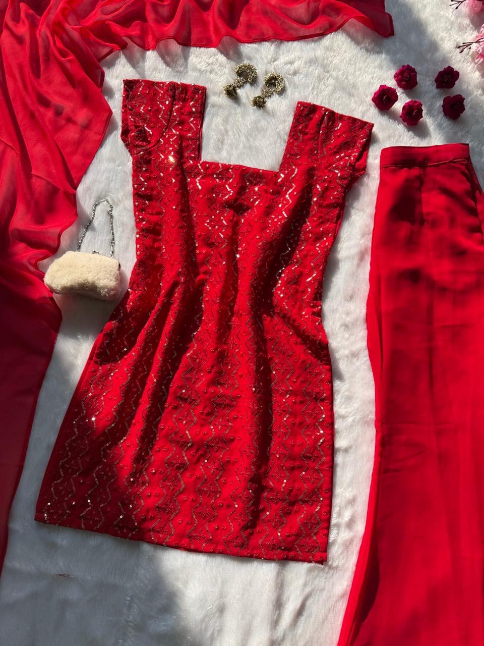 Gorgeous Red Georgette Sequence Work Palazzo Suit