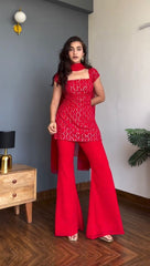 Gorgeous Red Georgette Sequence Work Palazzo Suit